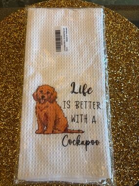 Cockapoo Dog Kitchen Towel – White with Brown Cockapoo Illustration